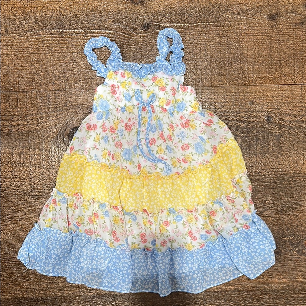 Floral Tiered Dress with Blue and Yellow Accents